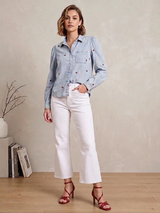 Kensie Jeans Cherry Embroidered Chambray Denim Shirt Large - Picture 2 of 7